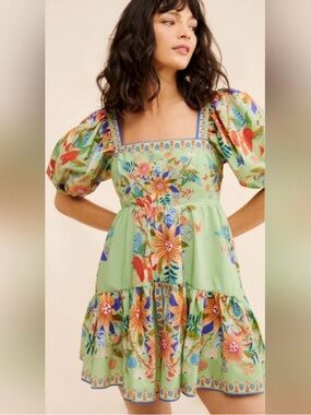 FARM Rio Mint Green Floral Puff-Sleeve Mini Dress size S
